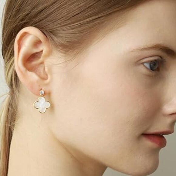 Women's 14K Gold White Onyx Acrylic Leaf Clover Luxury Dainty Stud Earrings - Picture 3 of 5